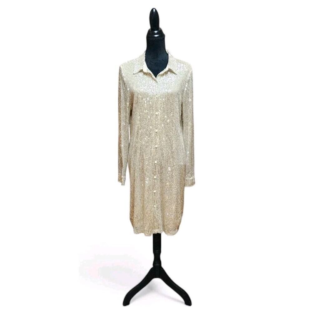 ELLEN WEAVER Dress Women's Cream, Silver Sequence Size XL Long-Sleeve NEW $120 - Picture 2 of 8